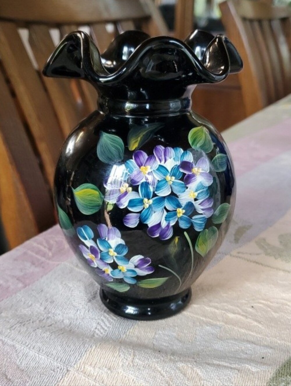 Fenton Hand Painted Black Vase 4" Dia., 5.5" Tall Ruffled Edge